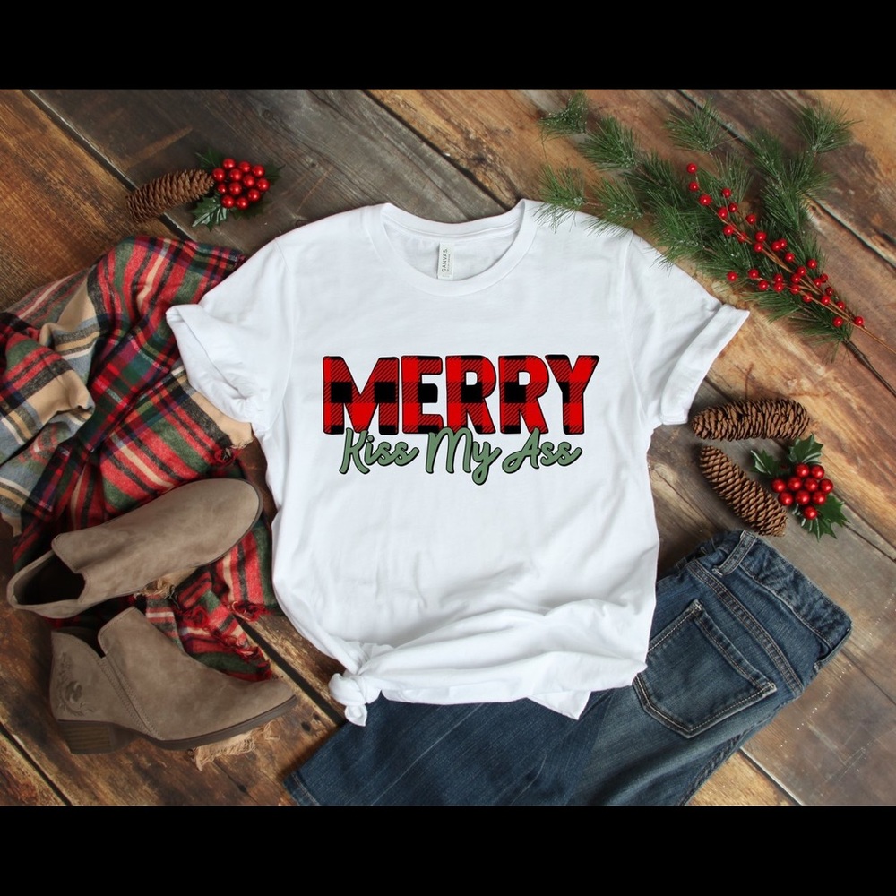 Merry Kiss My A** Funny Profanity Adult Graphic Tshirt Tee Crewneck Christmas